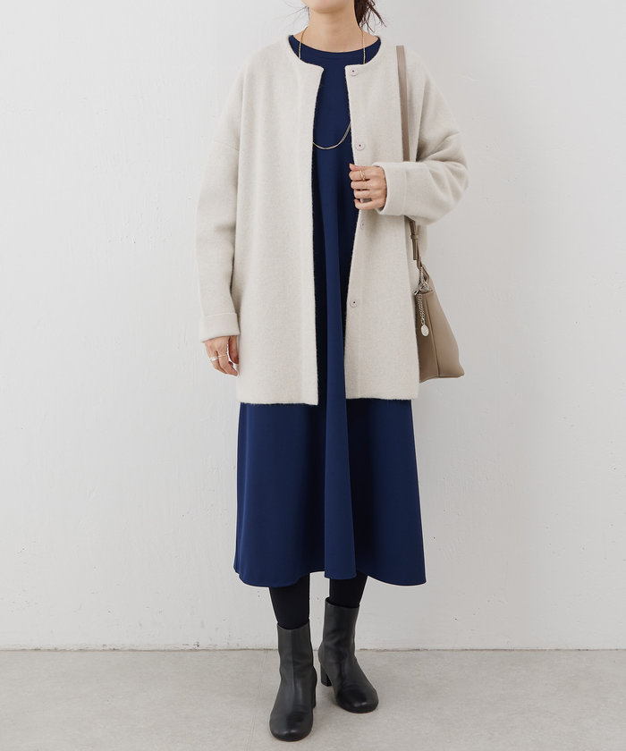 BEARDSLEY ビアズリー 洗えるニットコート アイボリー ノーカラー 新品 BEARDSLEY 洗えるニットコート ノーカラー アイボリー