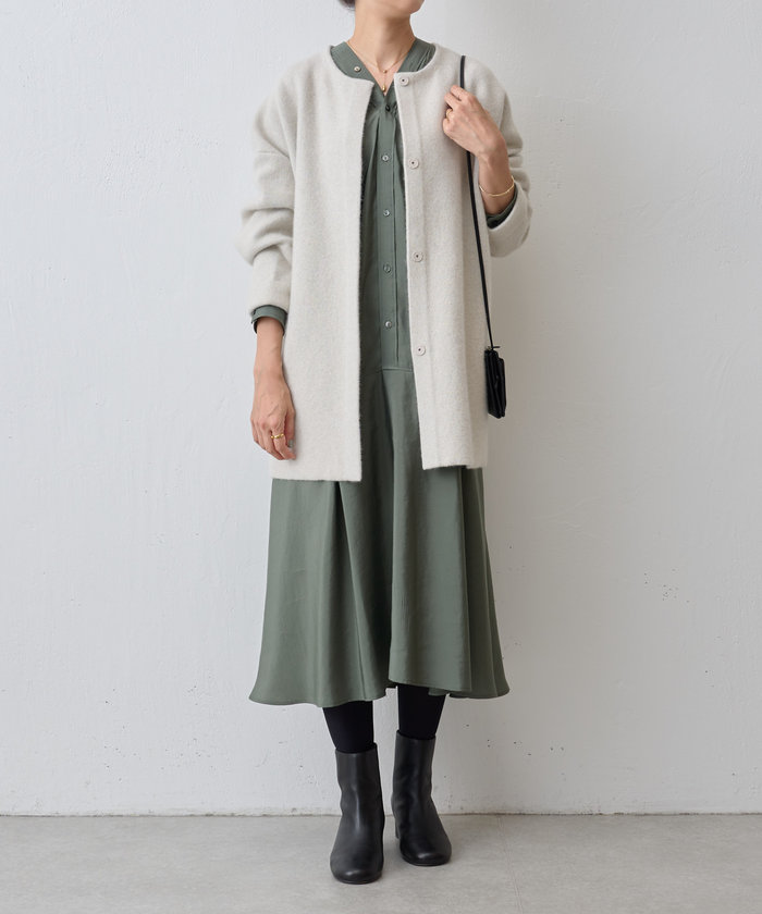 新品 BEARDSLEY 洗えるニットコート ノーカラー アイボリー