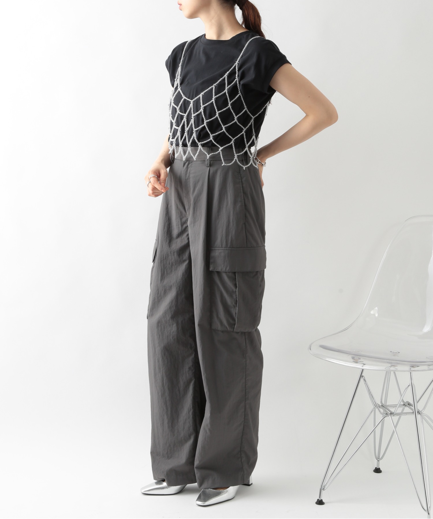 CHICWISH(シックウィッシュ)｜ビーズメッシュ切替キャミガウン CHICWISH(シックウィッシュ)｜ビーズメッシュ切替キャミガウン