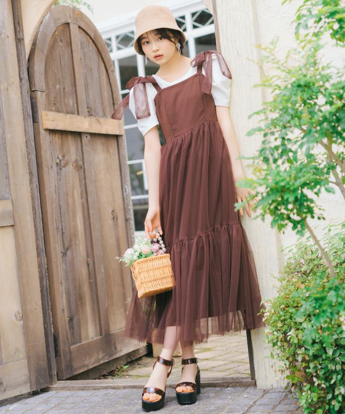 セール 30%OFF】ショルダーリボンチュールティアードワンピース