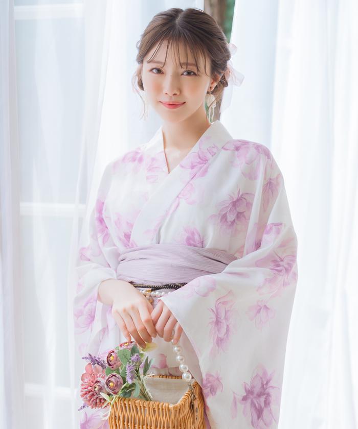ウィルセレクション 水彩フラワープリント浴衣セット 赤系花柄