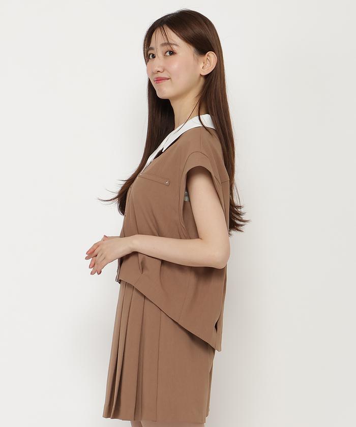 ブラウス シャツ 「セットアップ可能」キャップスリーブクレリックオープンカラーシャツ レディース キャップスリーブクレリックオープンカラーシャツ(506424439