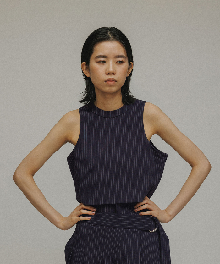 セール 50%OFF】［BLOUSE］PINSTRIPE AMERICANSLEEVE TOPS