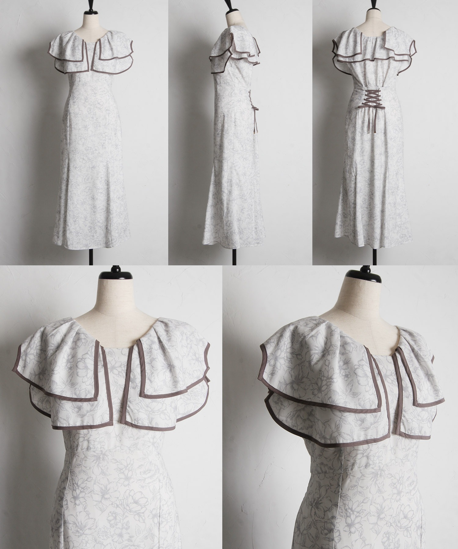新品♡バックレースアップパイピングビックカラーフラワープリントマーメイドワンピ バックレースアップパイピングビックカラーフラワープリント