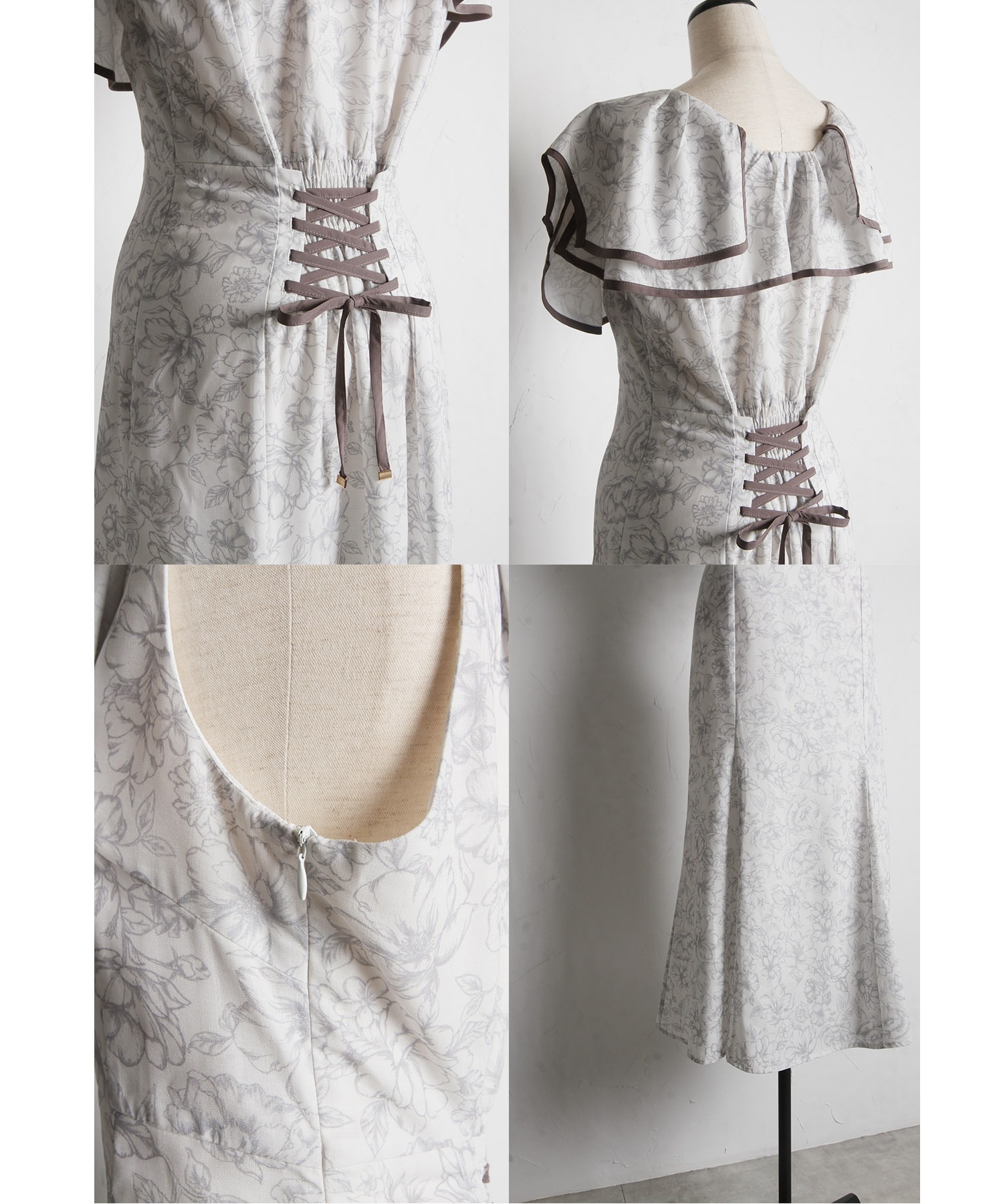 新品♡バックレースアップパイピングビックカラーフラワープリントマーメイドワンピ バックレースアップパイピングビックカラーフラワープリント