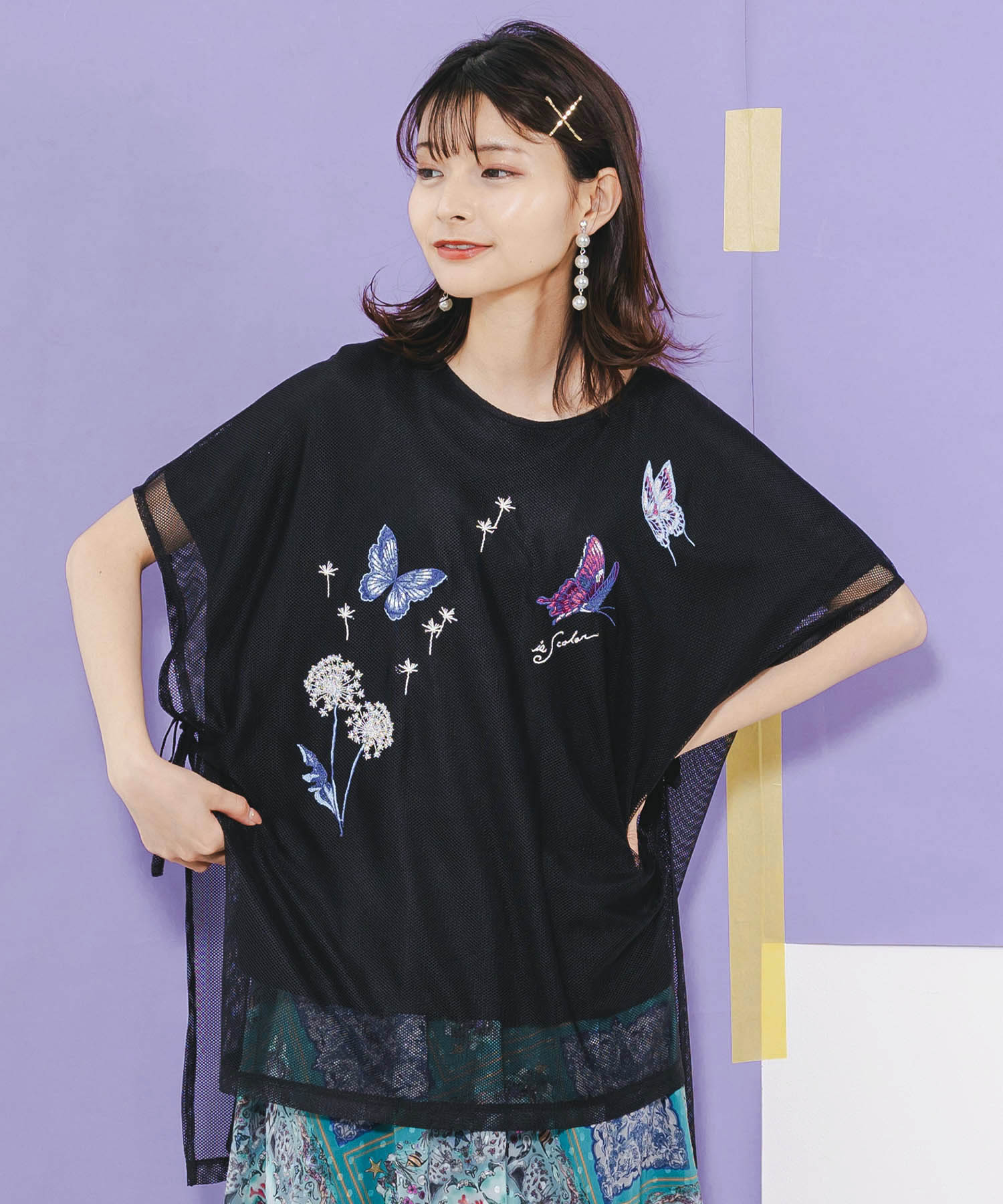 【美品】イズスカラー ゆったり オーバーサイズ 蝶刺繍 ウールコート M セール】スカラー ScoLar 花蝶おめかし刺繍 レース切替ワイド