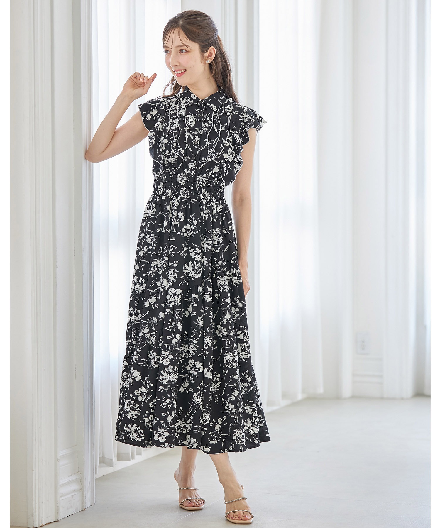 花柄 シャツ ワンピース ティアード フリル 紐ベルト 韓国 トッコクローゼット tocco closet フリル付きアシメティアード