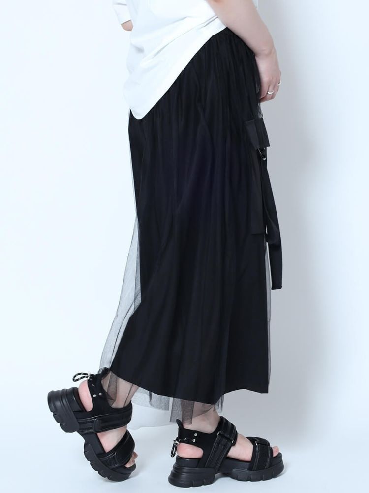 専用：LASUD チュールレイヤードWポケットパンツ ブラック　ヤマダヤ クーポン】ラシュッド LASUD チュールレイヤードWポケットパンツ