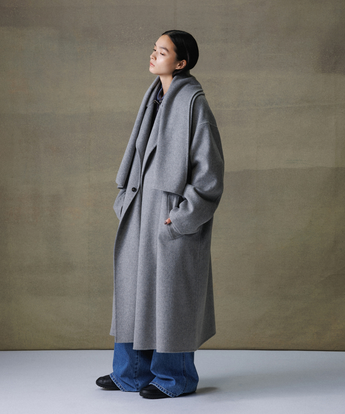 メリノウール ダブルフェイス セミダブル オーバー コート / マフラー付き マフラー付き》メリノウール ダブルフェイス セミダブル
