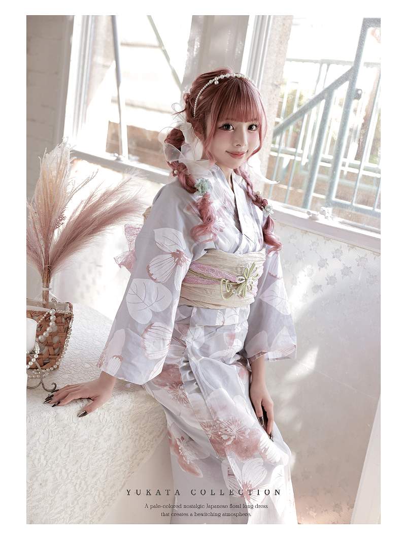 浴衣 グレー 大人かわいい 花柄 大柄 トレンド セット浴衣