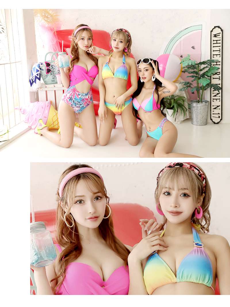 NO ROMANCEパンク ギャル×ピュア 百合風サマービキニセットy2k00s 水着 ビビットカラーホルターネックギャルビキニ2点セット ゆず