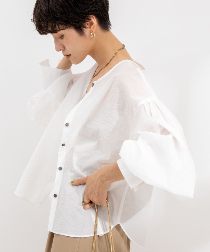 NOLLEY&#39;S - 【新品】ノーリーズ シアー ストレッチ 2WAY ブラウス ボリューム袖 ブルー NOLLEY'S（ノーリーズ）の「シアーストレッチ2WAYブラウス