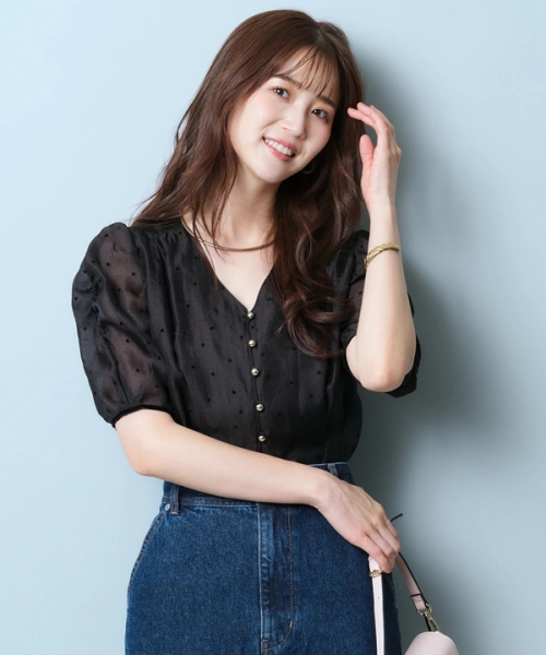 JUSGLITTY ギャザースリーブフロッキーブラウス