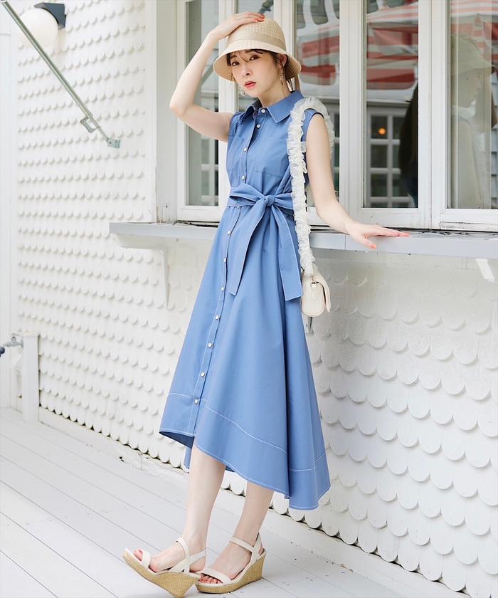 セール】リボンベルト付きフィッシュテールシャツワンピース セール】リボンベルト付きフィッシュテールシャツワンピース
