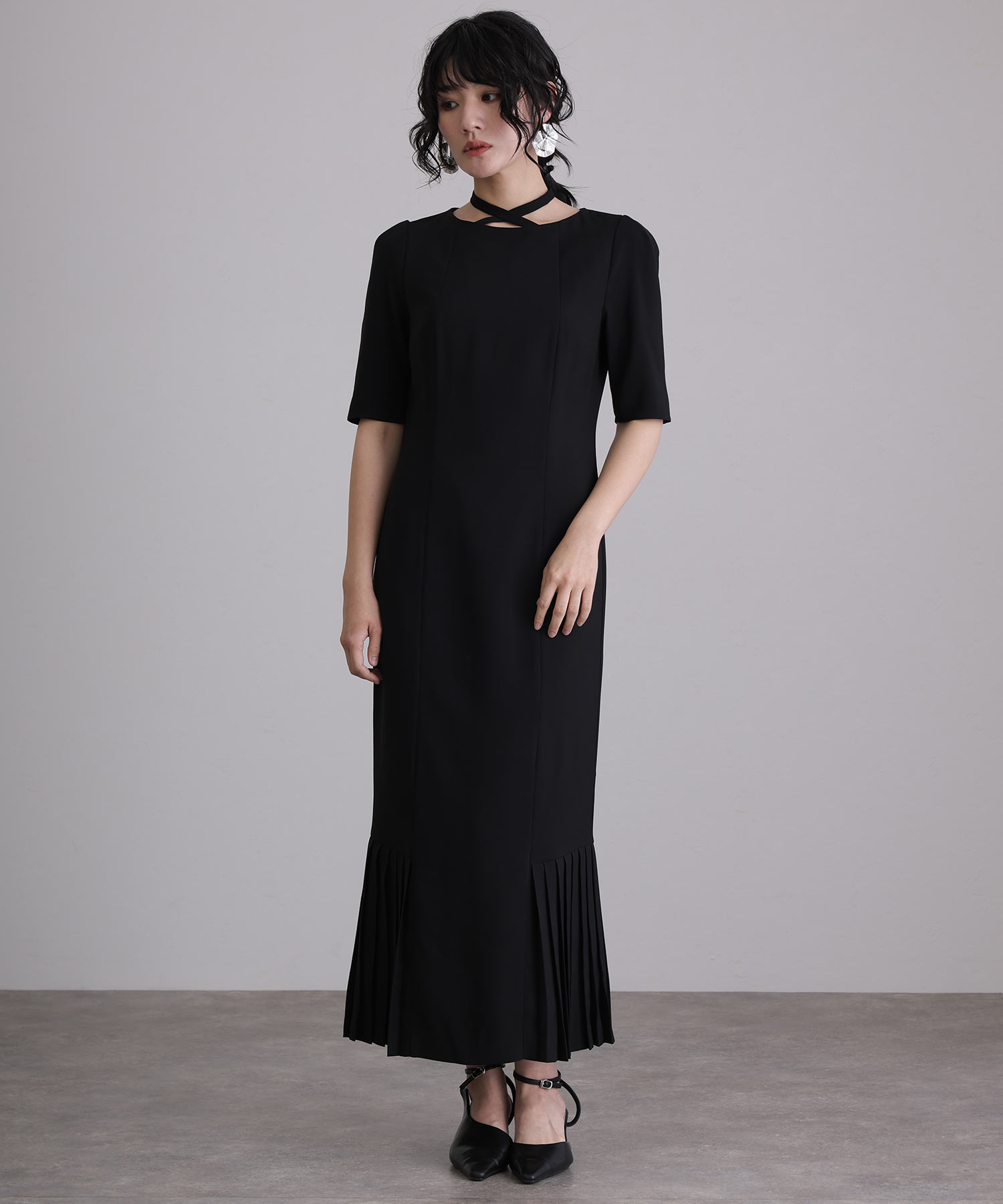 プールヴー パーティー お呼ばれ ドレス （ブルーグリーン）XL タグ付き プールヴー PourVous 結婚式ワンピースドレスミモレ丈と七分袖