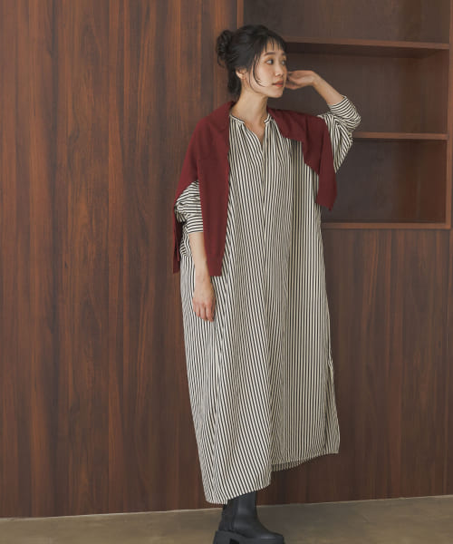 極美品✨アーバンリサーチドアーズ【M】麻混素材✨ストライプロングシャツワンピース セール 50%OFF】ストライプロングワンピース(506649429