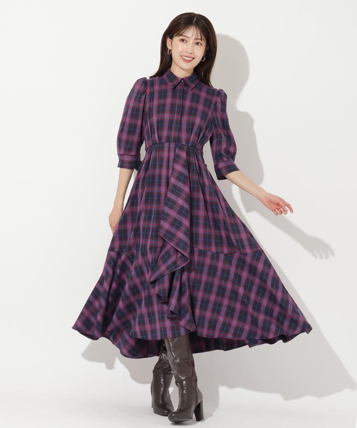 プッチラッフルチェックロングワンピース セール 50%OFF】ラッフルフリルチェックワンピース(506661738
