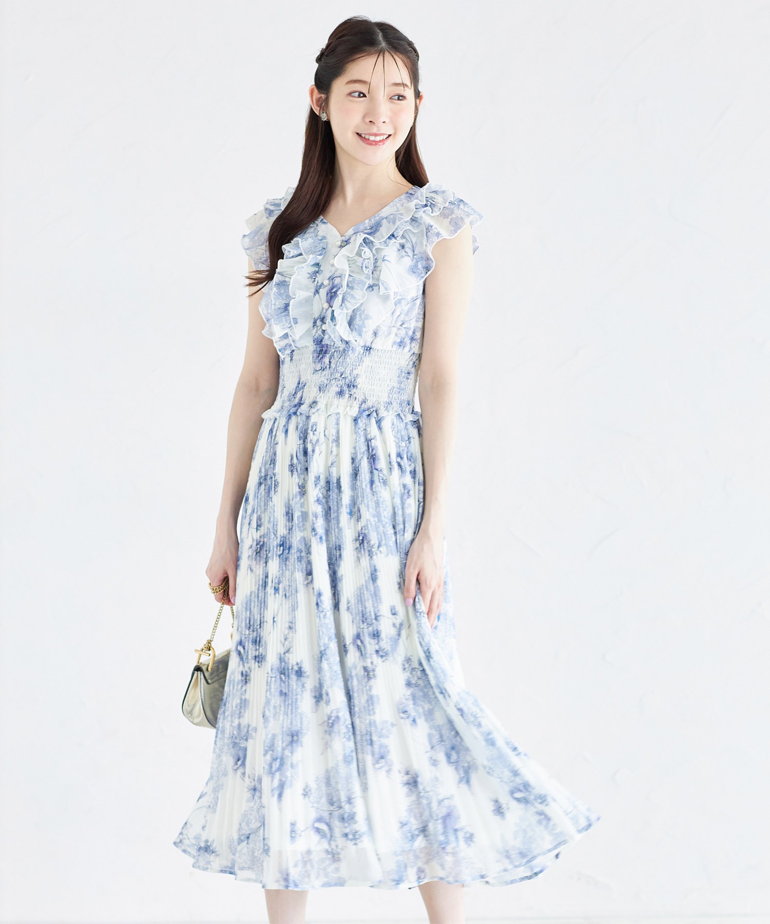 フリル付きパール装飾ウエストシャーリングフラワープリントプリーツワンピーストッコ クーポン】トッコクローゼット tocco closet フリル付きパール