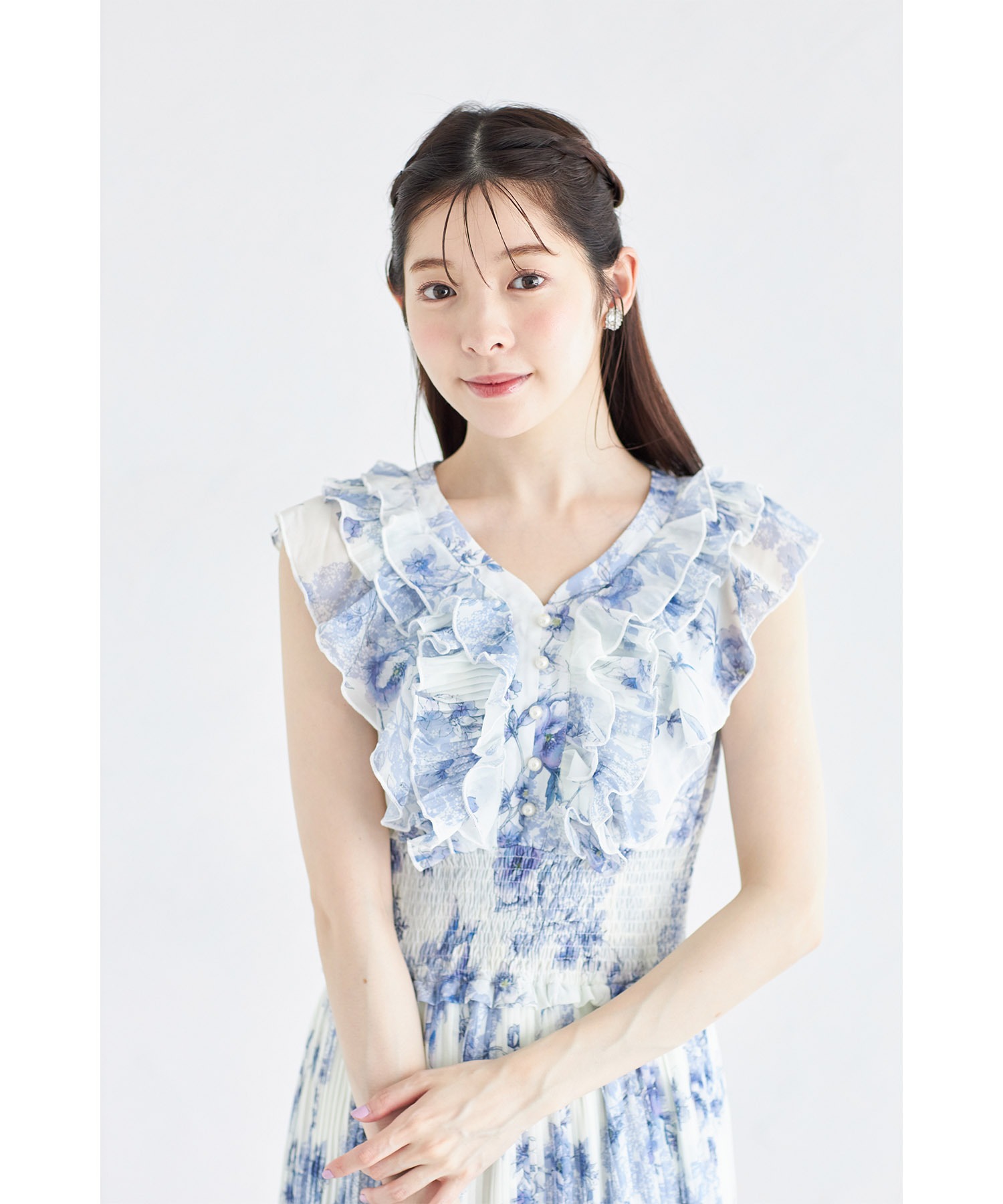 フリル付きパール装飾ウエストシャーリングフラワープリントプリーツワンピーストッコ トッコクローゼット tocco closet フリル付きパール装飾ウエスト