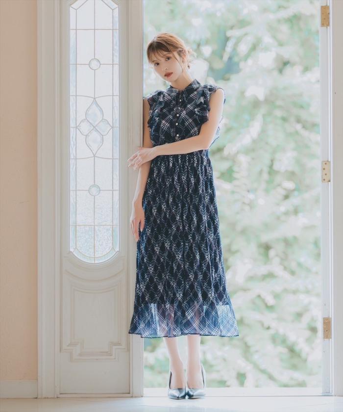 オリジナルチェックフリルショルダーシフォンワンピース