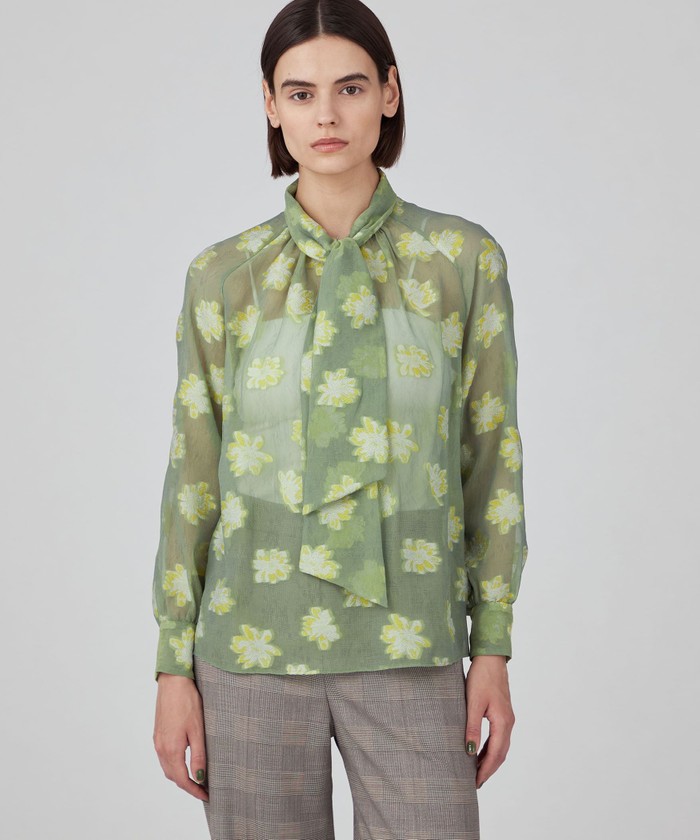 特価品セ セール ボウタイブラウス 30%OFF】カットフラワージャカード シャツ+ブラウス(長袖+七分)