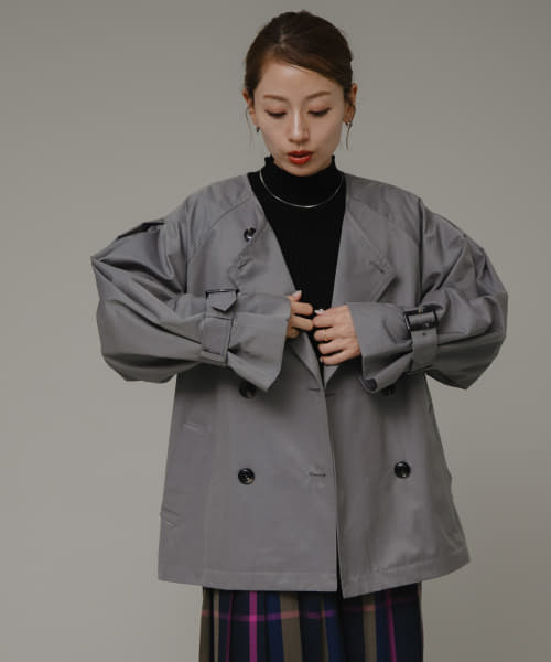 クーポン】【セール 50%OFF】撥水ノーカラーショートトレンチ クーポン】【セール 50%OFF】撥水ノーカラーショートトレンチ