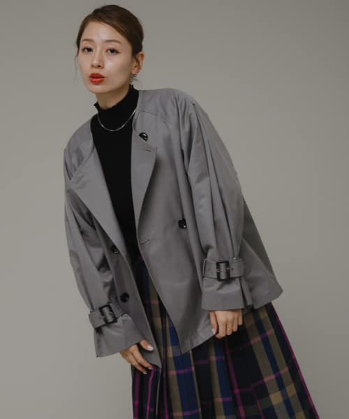 セール 50%OFF】撥水ノーカラーショートトレンチコート セール 50%OFF】撥水ノーカラーショートトレンチコート