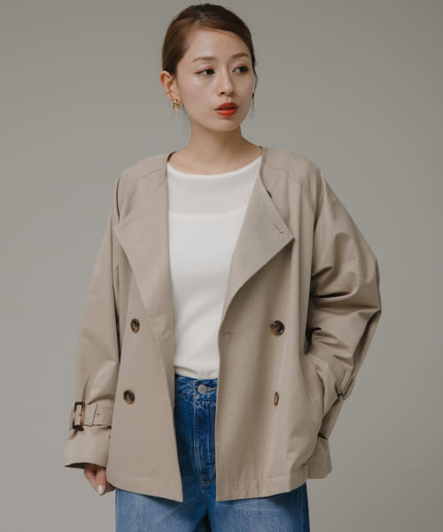 セール 50%OFF】撥水ノーカラーショートトレンチコート セール 50%OFF】撥水ノーカラーショートトレンチコート