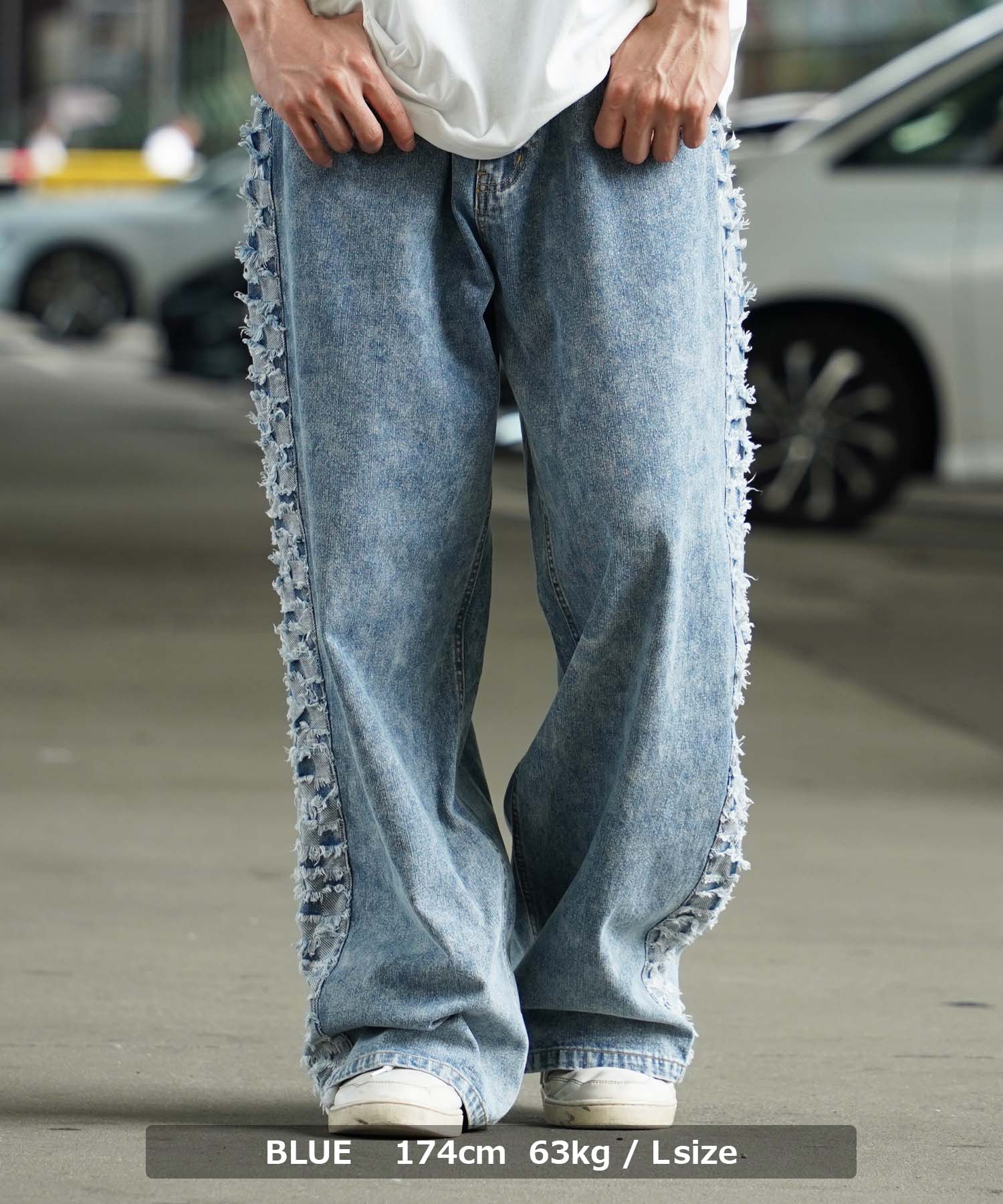 jeep デニムパンツ ストリートワイドパンツサイドライン ワンフォークロージング 1111clothing ワイドデニム メンズ