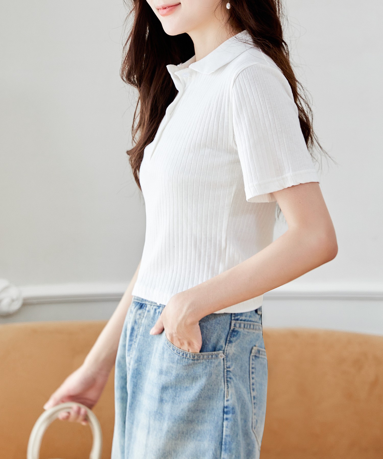⬜︎dézert 80s ベージュ リブ編み 長袖ポロシャツ