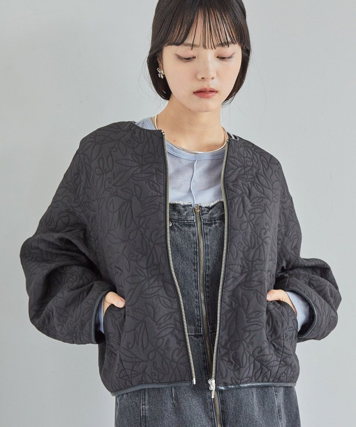 セール】【casual】合皮パイピングリーフキルトブルゾン