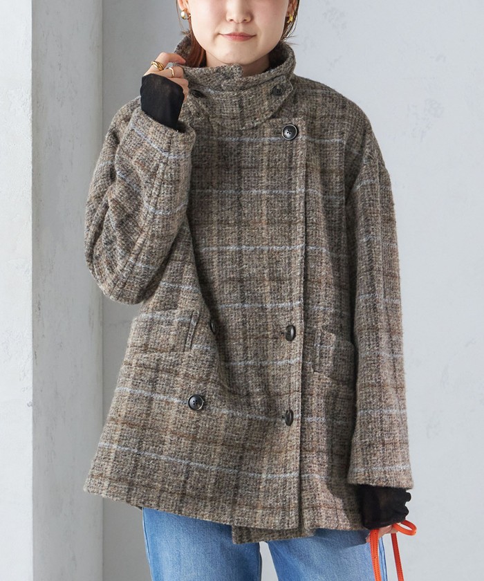 20-60代からのファッション通販  セール 30%OFF】スライバー チェック ショート Pコート ジャケット・アウター