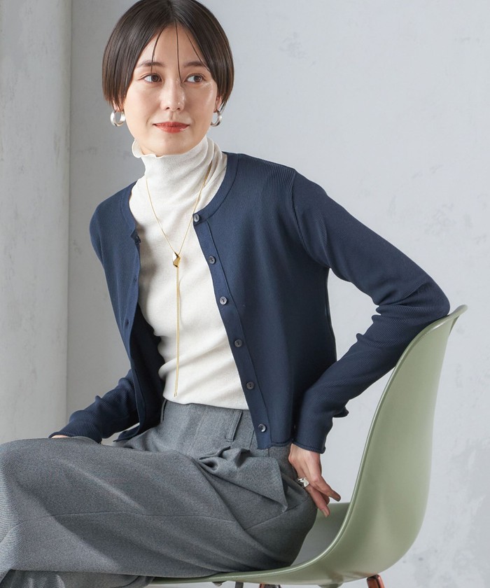 カーディガン 「手洗い可能」レーヨン ポリ リブ クルーネック カーディガン レディース セール】〈手洗い可能〉レーヨン ポリ リブ クルーネック