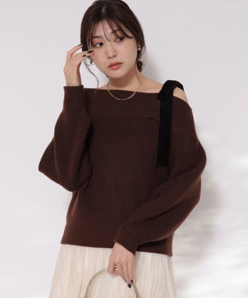 Mystrada ショルダーリボンニット黒 38 マイストラーダ Mystrada