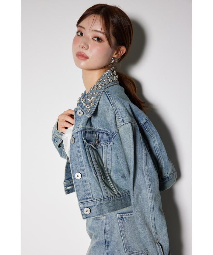 rienda ノーカラービジューDENIM JK rienda ノーカラービジューDENIM JK D/BLU3 -ファッション通販