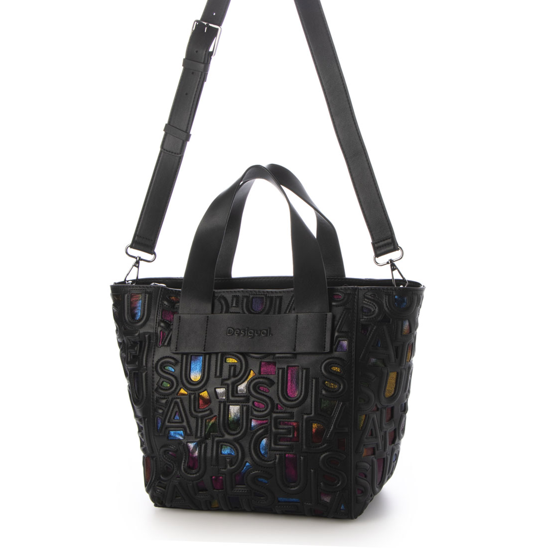 [ Desigual ] ミディアム ツイード ロゴ ハンドバッグ デシグアル Desigual 文字柄 ミドルバッグ （グレー/ブラック
