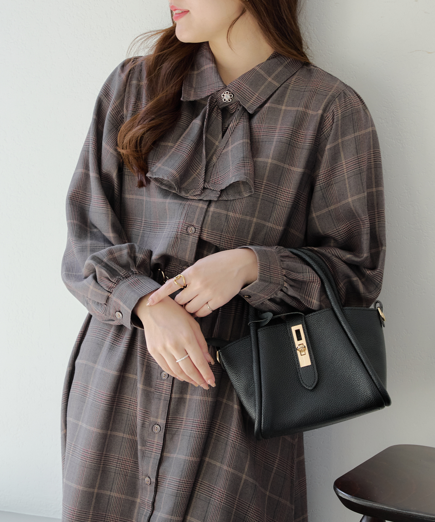 BigチェックボウタイOP ワンピ―ス ロングワンピース オフィス