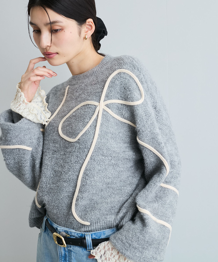 セール】【新色追加】【洗える】ハート＆リボンコード刺繍ニット
