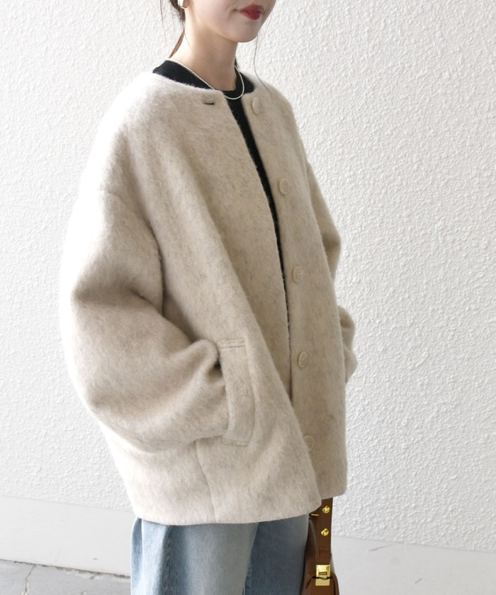 SHIPS any: ウール ミックス シャギー ノーカラー コクーン