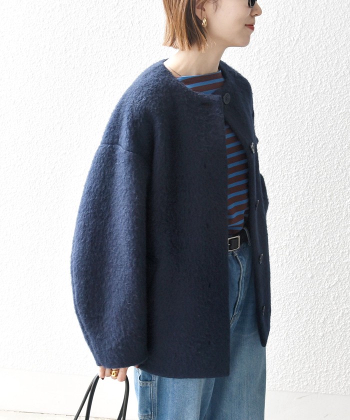 SHIPS any: ウール ミックス シャギー ノーカラー コクーン