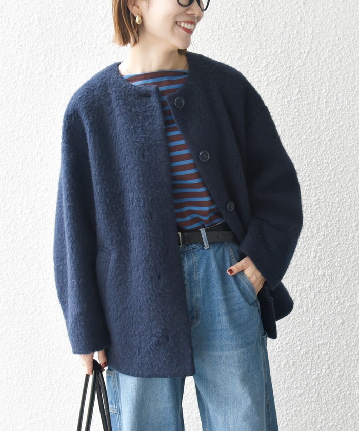 SHIPS any: ウール ミックス シャギー ノーカラー コクーン SHIPS any: ウール ミックス シャギー ノーカラー コクーン