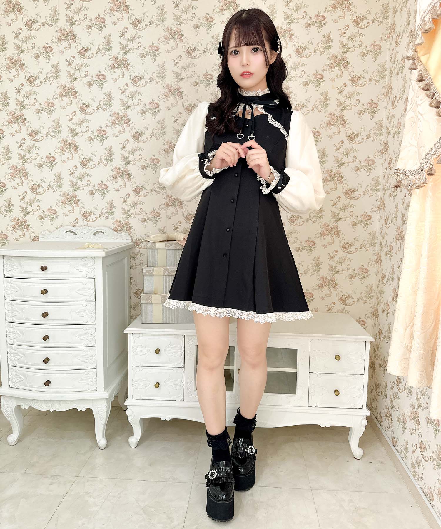 【完売品❗️ROJITA】配色レーシースタンドカラーワンピース ロジータ ROJITA 配色レーシースタンドカラーワンピース