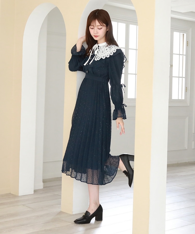 チーク Cheek 長袖ドットシフォンレースカラーワンピース