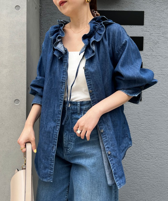 追加】【RM denim】フリルギャザーデニムブラウス（4-0038-6-01-071）｜Rie Miller/RM denim(リエミラー/アールエム デニム）｜NOLLEY'S(ノーリーズ）｜women（WOMEN）｜NOLLEY'S MALL（ノーリーズ モール）