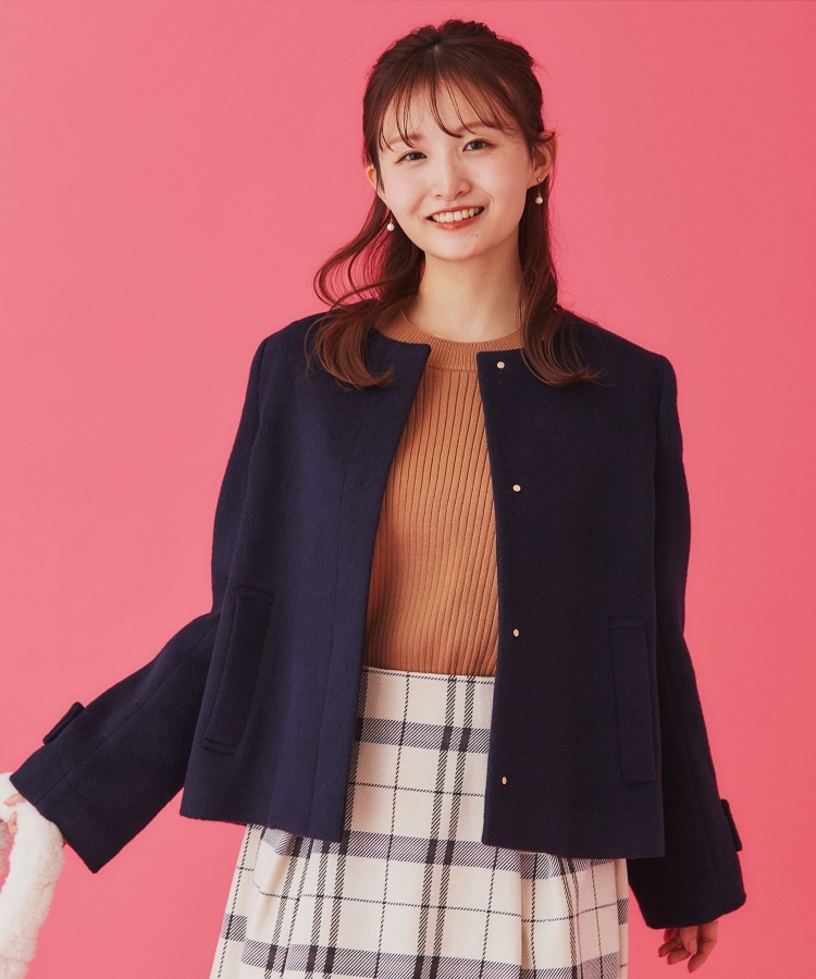 【美品】index ウールブレンドノーカラーショートコートグレーM セール50%OFF】インデックス index ウール混ノーカラーショート