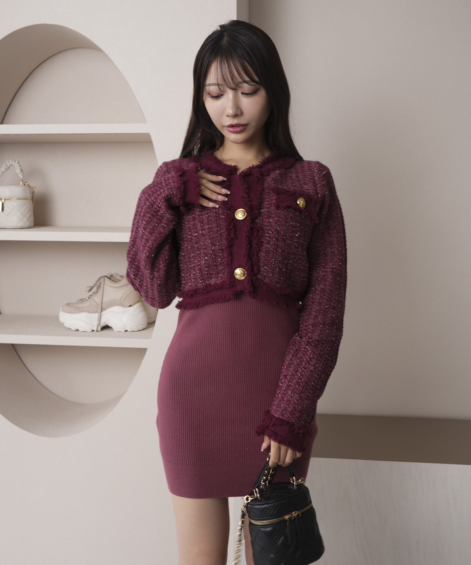 アプワイザーリッシェ　新作　ツイードフリンジＶネックカーデ アプワイザーリッシェ 新作 ツイードフリンジVネックカーデ