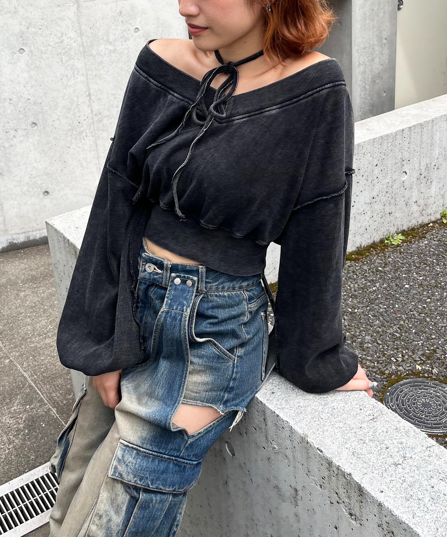 スパイラルガール SPIRALGIRL ピグメントチョーカーオフショルスウェットトップス （カーキ） スパイラルガール SPIRALGIRL ピグメントチョーカーオフショル