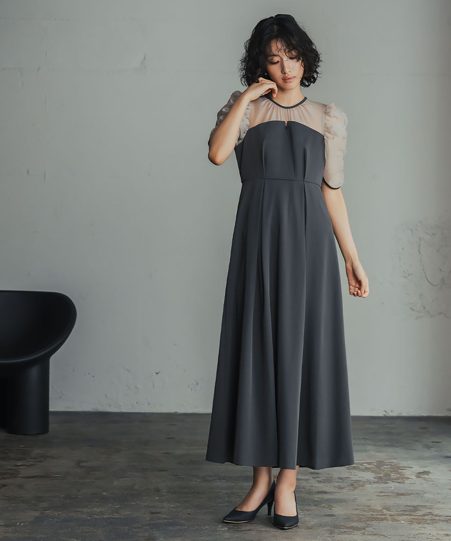 GIRL】オーガンジー切替ギャザースリーブフレアワンピースドレス