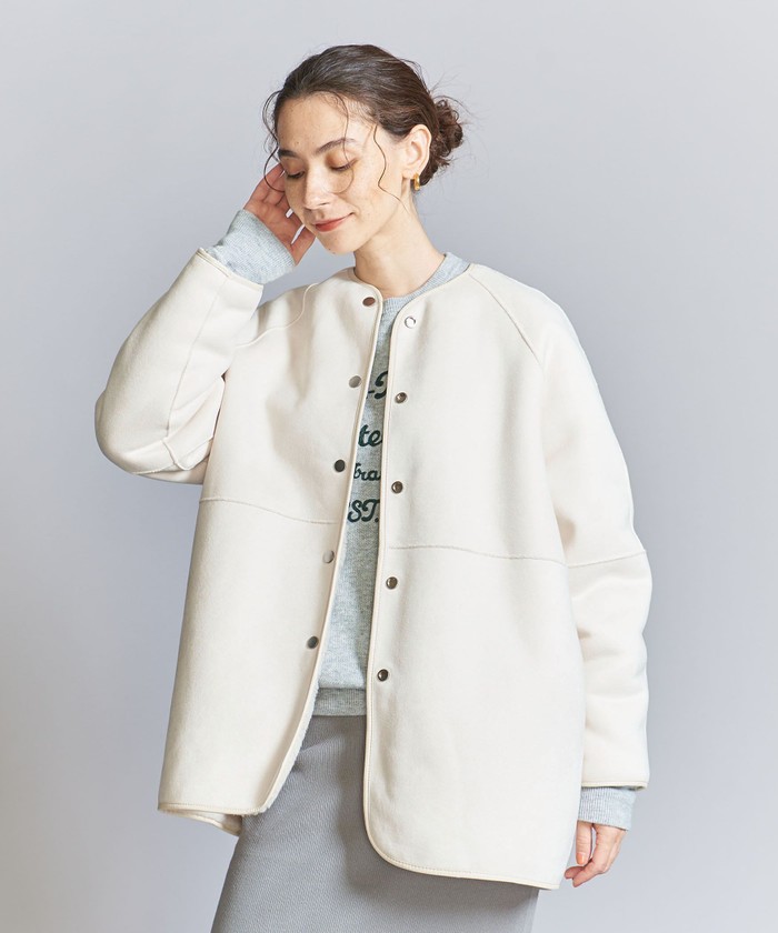WEB限定】ボア×フェイクムートン ノーカラーリバーシブルコート WEB限定】ボア×フェイクムートン ノーカラーリバーシブルコート