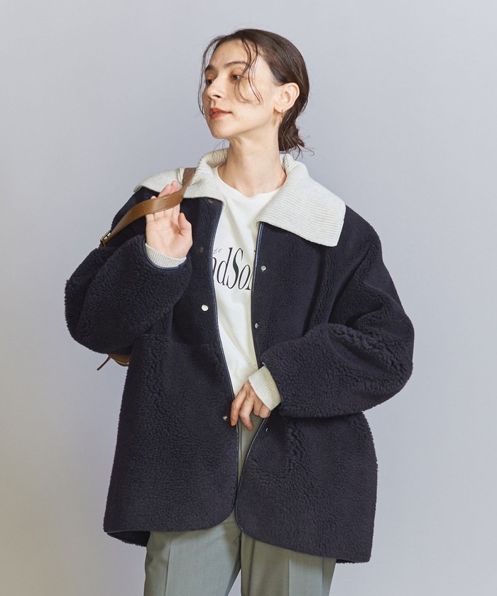 WEB限定】ボア×フェイクムートン ノーカラーリバーシブルコート